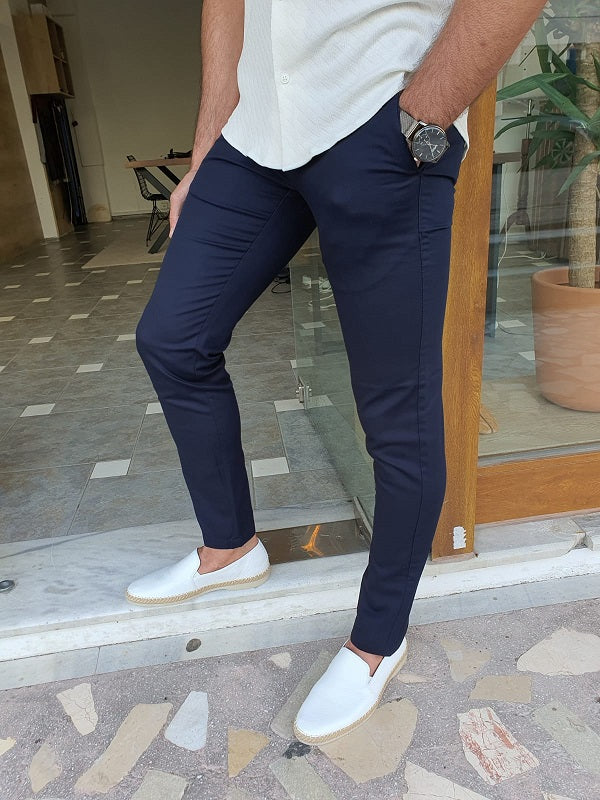 Mantova Dark Blue Slim Fit Cotton Pants | BOJONI